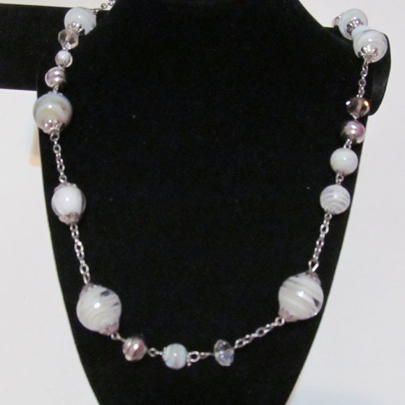 Silver tone large white glass beads swirl design long necklace - Picture 1 of 3